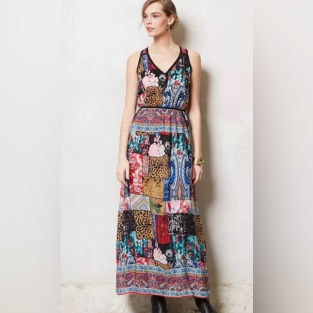 Anthropologie Patchwork Maxi Dress in Black, Red, Blue, Yellow